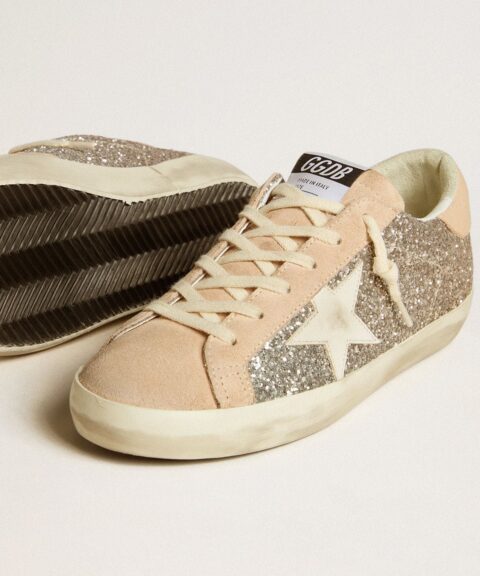 Women's Super-Star in silver glitter with leather star and heel tab
