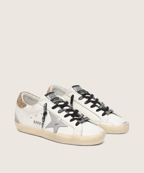 Women's white leather Super-Star with glittery heel tab