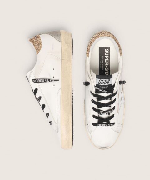 Women's white leather Super-Star with glittery heel tab
