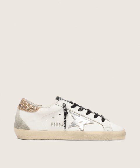 Women's white leather Super-Star with glittery heel tab