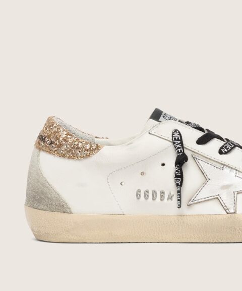 Women's white leather Super-Star with glittery heel tab