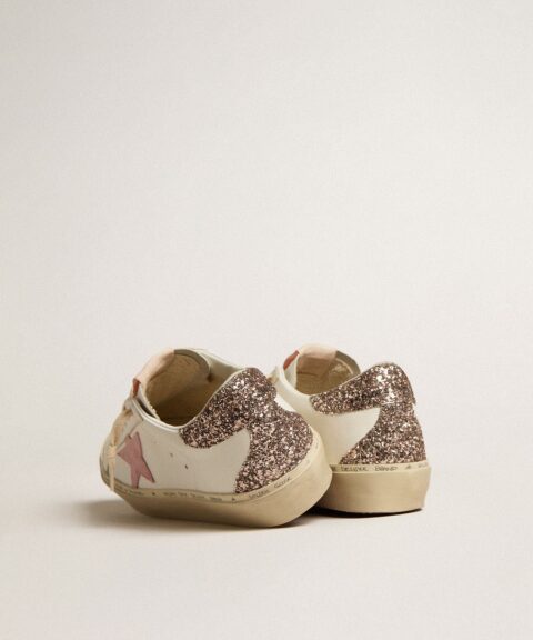 Hi Star in white leather with pink suede star and pink glitter heel tab